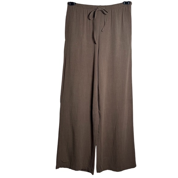 Pants - Brown Linen Cotton Wide Leg Pants Women's Size Small Elastic Waist Casual Lounge